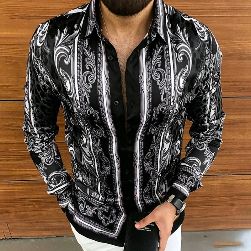 Men's shirt with Baroque pattern long sleeved shirt, blue and black leopard print lapel shirt, personalized design casual top