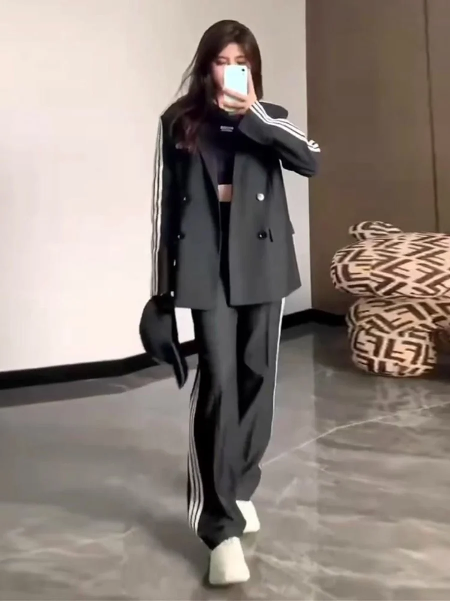 プラスサイズの女性のカジュアルスーツセット秋冬ルーズワイドレッグパンツ 2 点セットハイウエストシングルボタン長袖ファッション