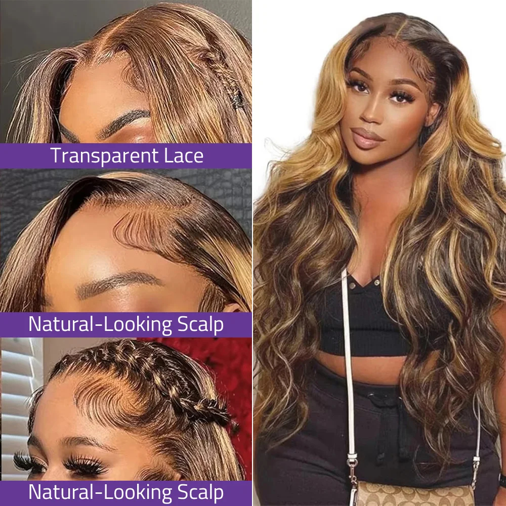 باروكة شعر مموجة 4/27 مع دانتيل أمامي عالي الدقة 13 × 4، باروكة شعر بشري مموج باللون البني العسلي، دانتيل أمامي 13 × 6 وكثافة 200