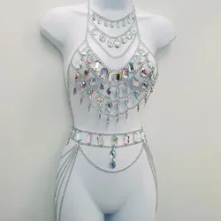 Sexy Tassel Acrylic Chic Women's Lingerie Body Chain Set Fishnet Colorful Gem Crystal Chest Bra Bikini Waist Chain Jewelry