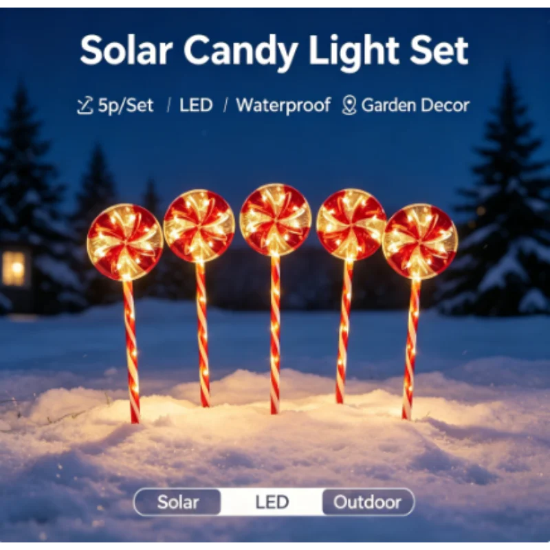 Christmas Candy Solar LED Light Lollipop Outdoor Ground Stake, 5 Pcs/Set Waterproof for Garden Courtyard Lawn Decoration