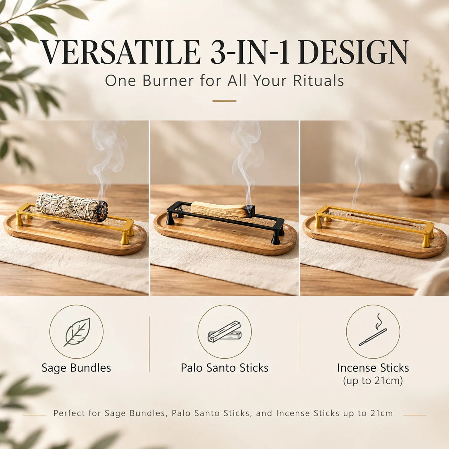 3 in 1 Incense Holder for Sticks Metal Sage Holder Burner Palo Santo Holder with Wood Ash Catcher Tray for Meditation Yoga Spa