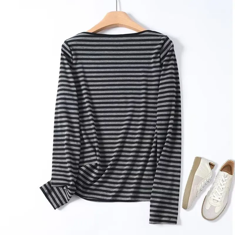 

Maxdutti Vintage,Korean Popular T-shirt Women's Clothes,Tops Autumn Spring Striped T-shirt For Women Pullover