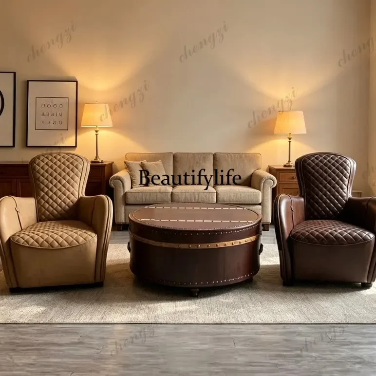 p182 American vintage ultra-removable leather round small coffee table, homestay creative small round table, leather box coffee