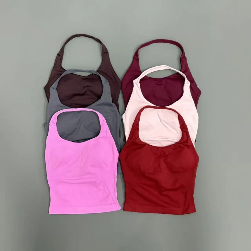 Yoga Tank Top Women Seamless Open Back Longline Halter Soft Breathable Supportive Gym Workout Running Fitness Athletic Tops