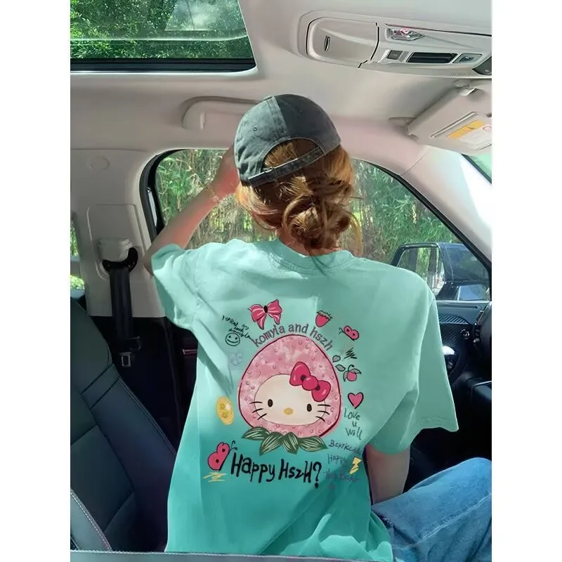 

Summer New Gradient Colour O-Neck Oversized Short Sleeved T Shirt Women Cartoon Hello Kitty Print Y2k Top Kawaii Women Clothing