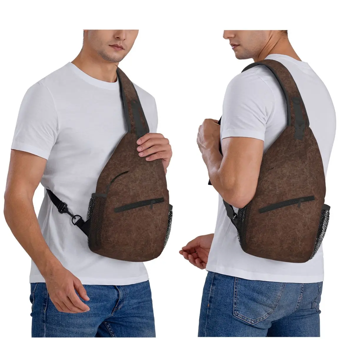 Brown Leather Vintage Textures Pattern Chest Bag Men Sling Crossbody Backpack Chest Bag Travel Hiking Daypack Shoulder Bag