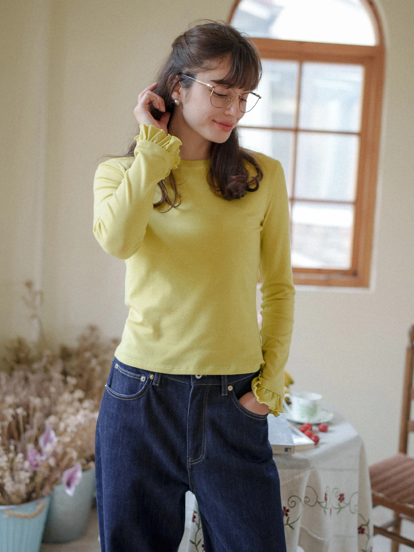 

Retro Lace Long Sve Thiened Wool Base irt Slimming Inner Wear T-irt French Sle Stand Fit MarchNoon Ladies Top