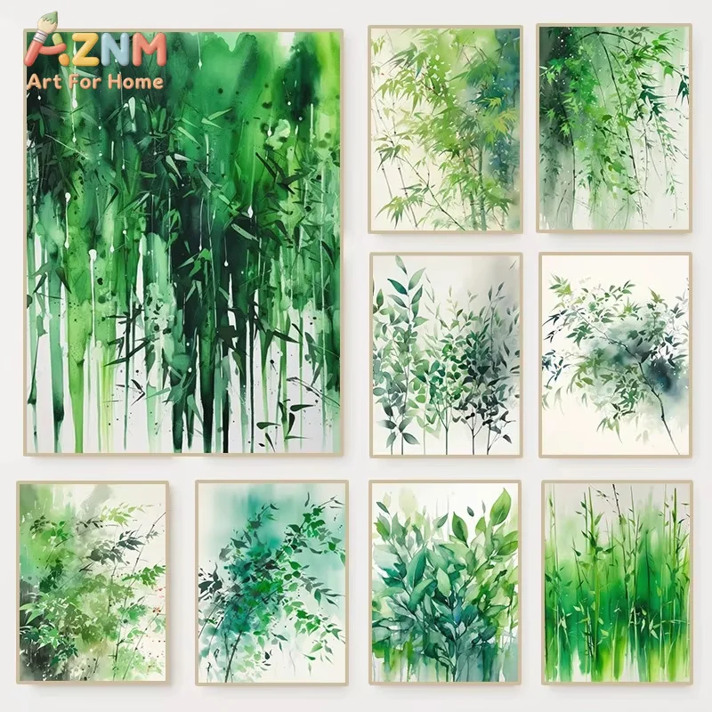 1PC Vibrant Green Leaves Poster Tranquil Minimalist Ink Washes Canvas Painting Wall Art Zen for Room Home Decor