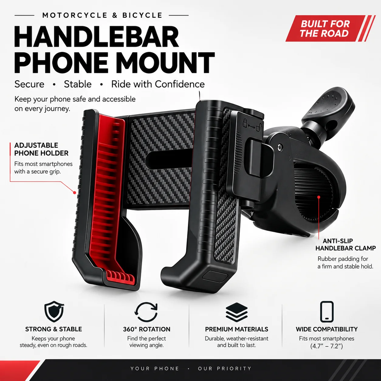 Bike & Motorcycle Handlebar Phone Mount - Shockproof Clip Bracket for 4.5-7.0