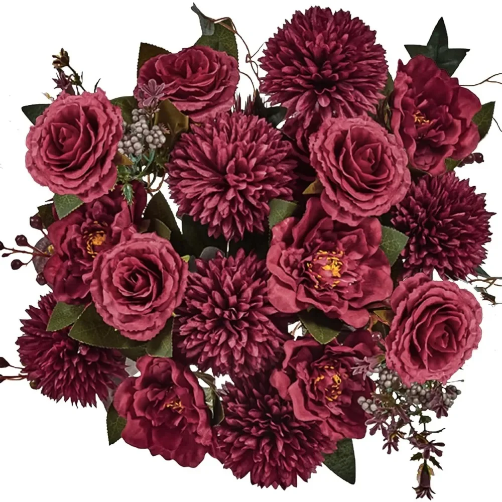 Premium Burgundy Silk Flowers Bouquet, Artificial Floral Arran...