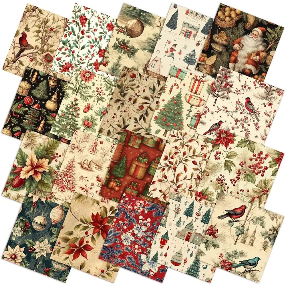 

60 Pcs 10 x 10 Inch Vintage Christmas Quilting Fabric Rustic Christmas Fat Squares Patchwork Precut Strips Santa Claus Red Ca