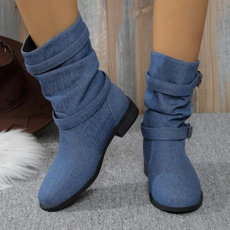 Women\'s Shoes on Sale 2024 Sleeve Women\'s Boots Autumn Round Toe Denim Solid Short Barrel Chunky Heels Large Size Fashion Boots