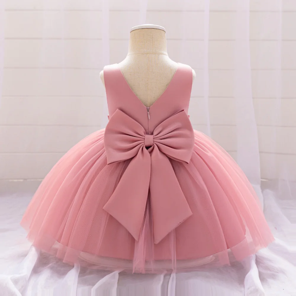 Toddler Baby Girls Princess Dress V-neck Tulle Infant Baby 1st Birthday Baptism Party Dresses For Girl Bow Wedding Ball Gown