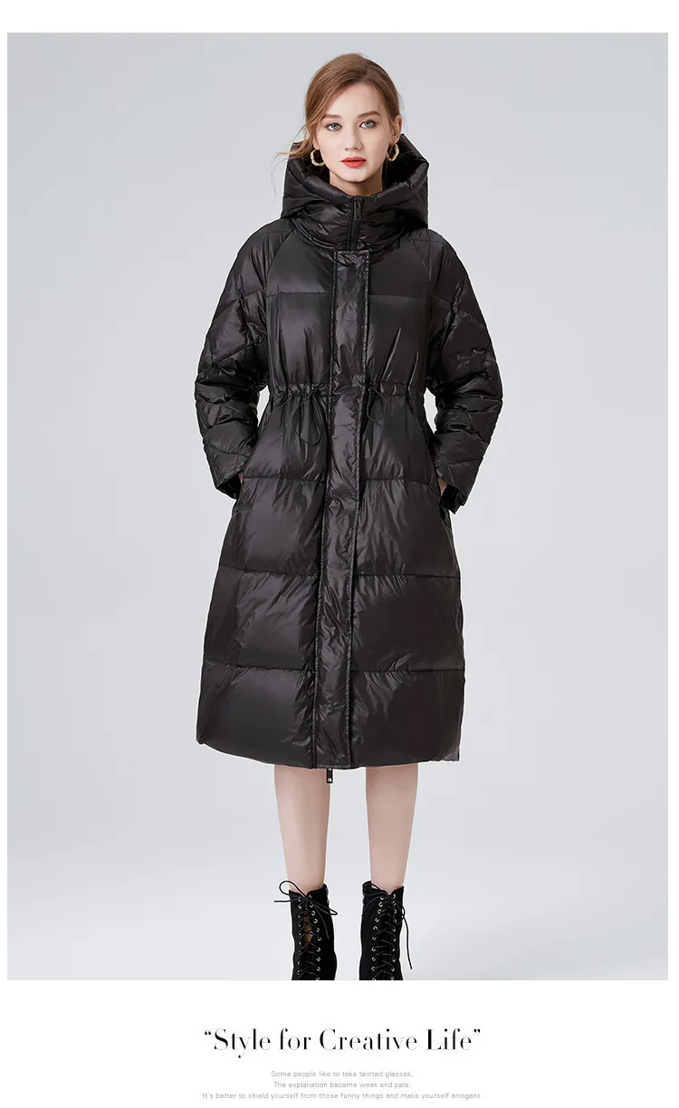 Piumino lungo da donna in piumino d'anatra bianca con cappuccio Parka invernale con cintura in vita Giacca calda per la stagione fredda