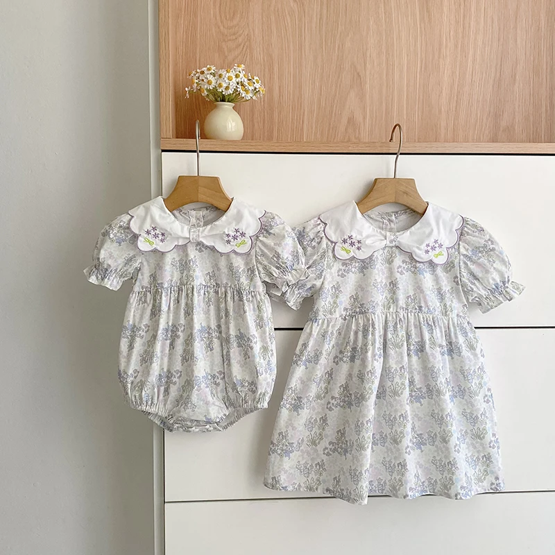 2026 Summer 0-24M Baby Girl Embroidery Collar Bodysuit 2-6Yrs Kid Sweet Party Puff Short Sleeves Dress Sister Dress