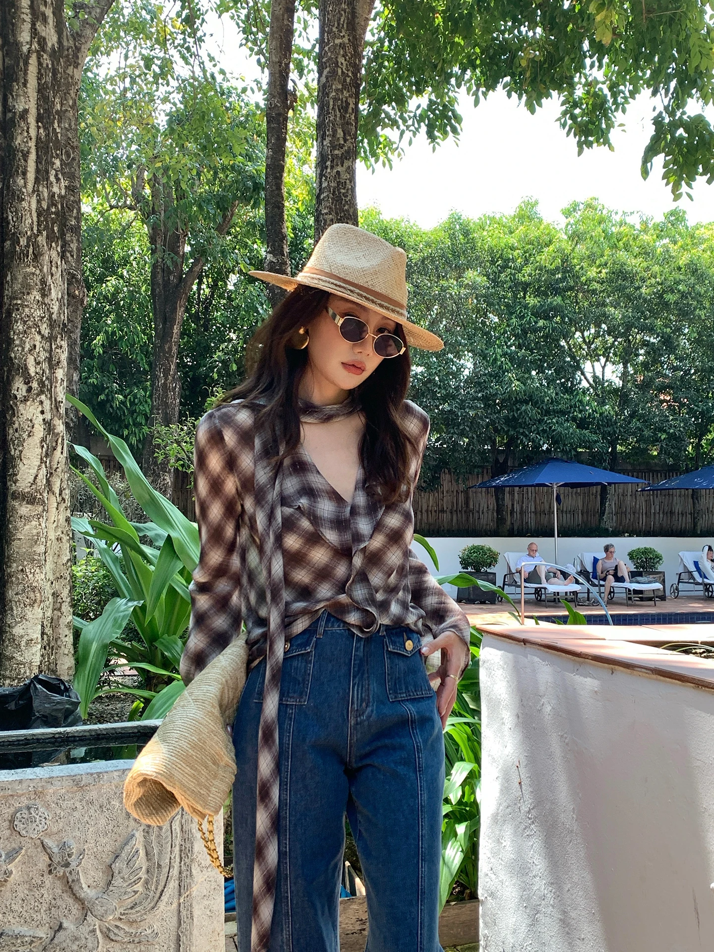 

Свободная женская рубашка в клетку с V-образным вырезом, дизайнерская модель, повседневная, Aosphere Dragon Xi'er K228, с длинным рукавом, из полиэстера, весенняя мода