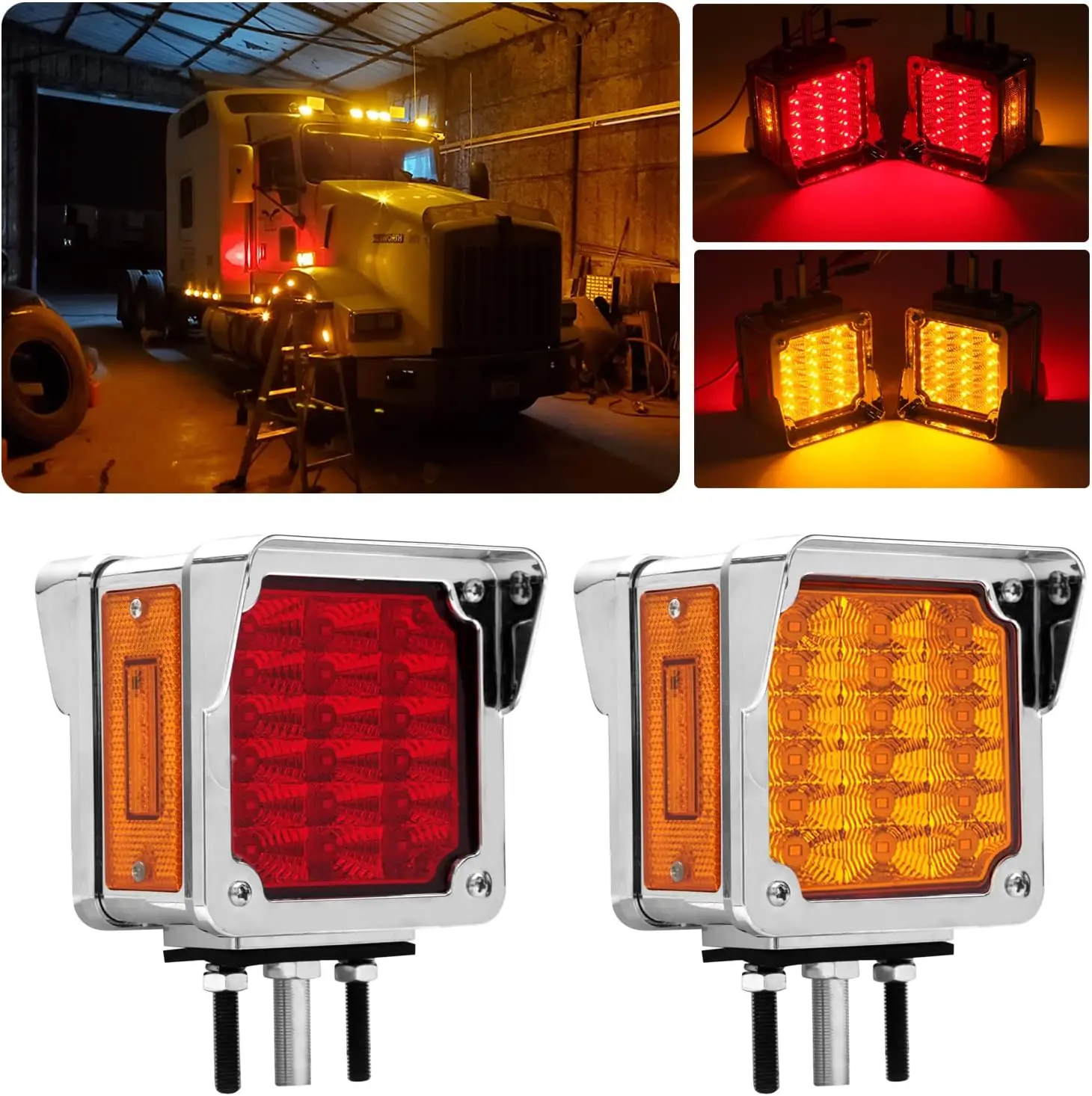 

2Pcs LED Fender Turn Signal Lights Amber/Red 39LED Chrome Visor for Truck Trailer