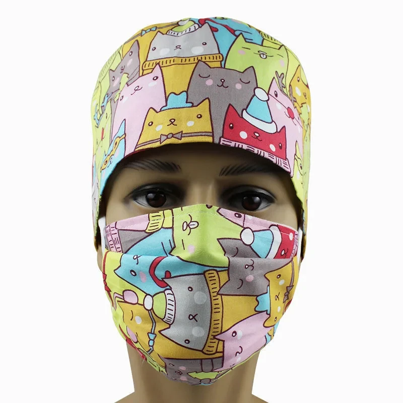 Scrub Cotton Nurse Hat Adjustable Medical Bouffant Sanitary Cap Cartoon Print Pattern Unisex Dust Proof Beauty Nursing Colorful