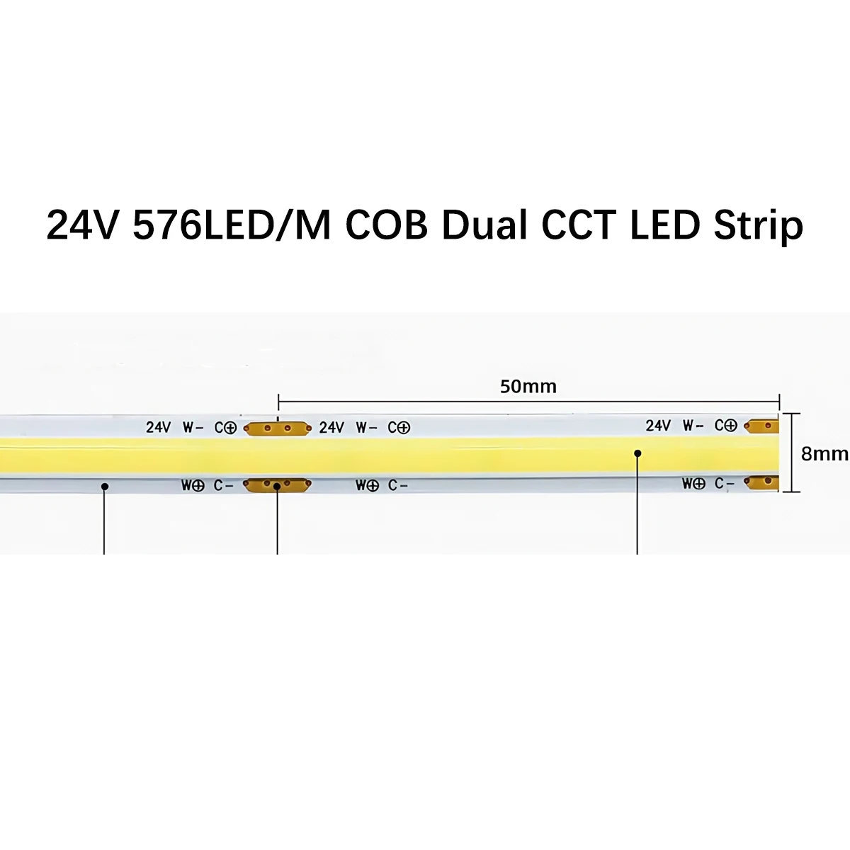 8mm COB Dual CCT LED Strip - 576 LEDs/m, 2700K-6500K Tunable White Lighting for Cabinets & Accent Decoration