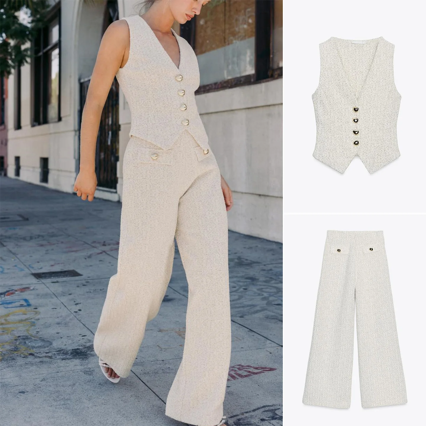 V-Ne Svel Slim Fit Texture Vest 503925 Wide Leg mid Waist Simple Casual Pants 503926 Faion Set Women's Ensemble