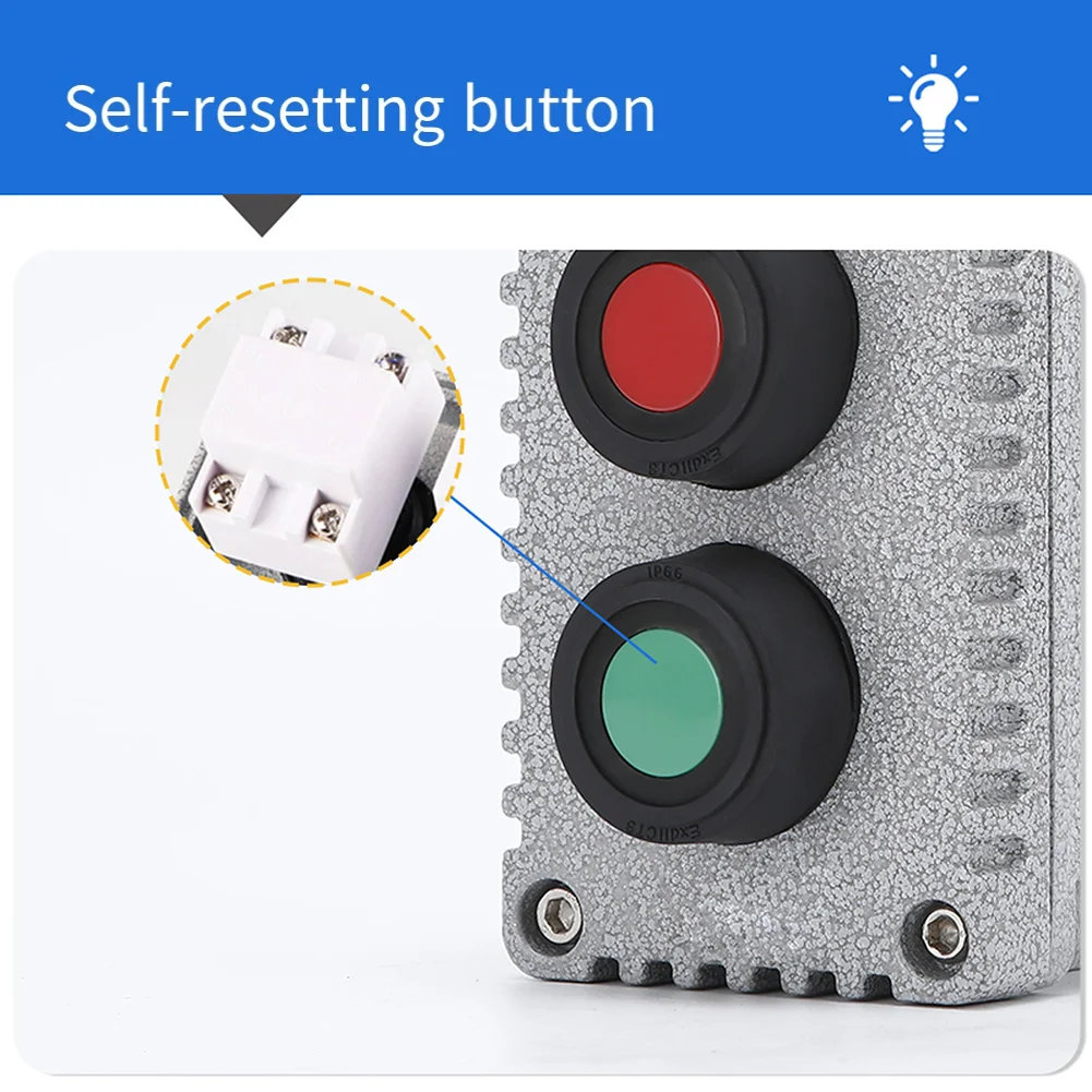 Explosion Proof Button Box 220V 380V 10A Dual Start Switch IP65 IICT6 Aluminum Casting G3/4 Inlet 10 14mm Cable Range