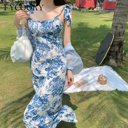 French Vintage Floral Straps Dress Women 2025 Summer New Fishtail Long Dress Ladies Elegant Ruffle Sleevless Dresses