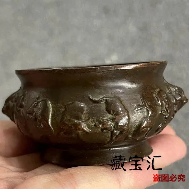 Antique Heirloom Qianlong Year 12 Chinese Zodiac Double Lion Small Copper Censer Statue Ornament