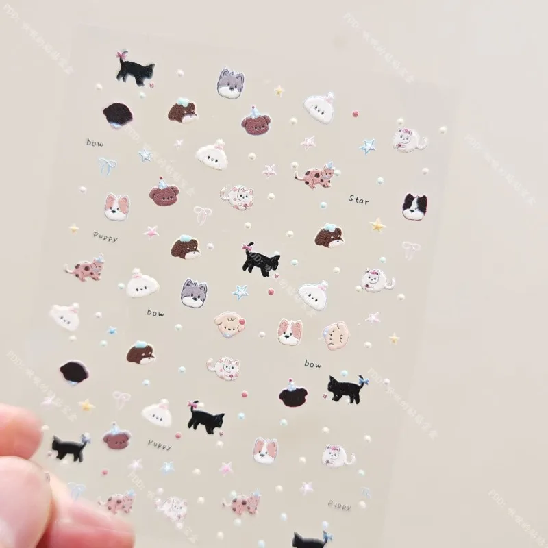 Cute Cartoon Cat olka Dot Bow Art Stickers 3D Embossed Nail Decals for DIY Nail Phone Case Decoration