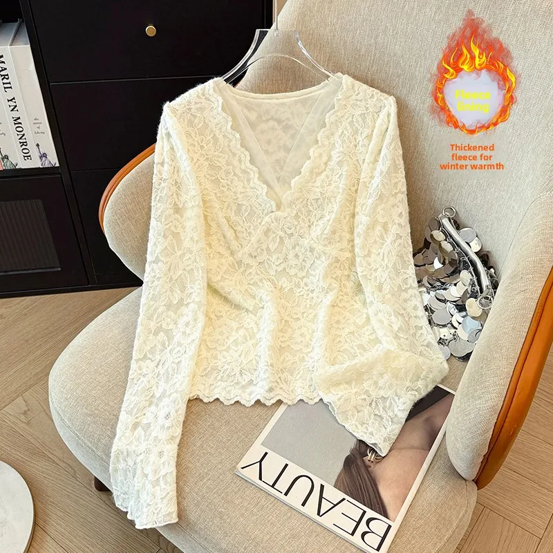 

Женская зимняя новинка: теплая универсальная блузка с длинным рукавом, флисовой подкладкой, V-образным вырезом и сетчатыми вставками