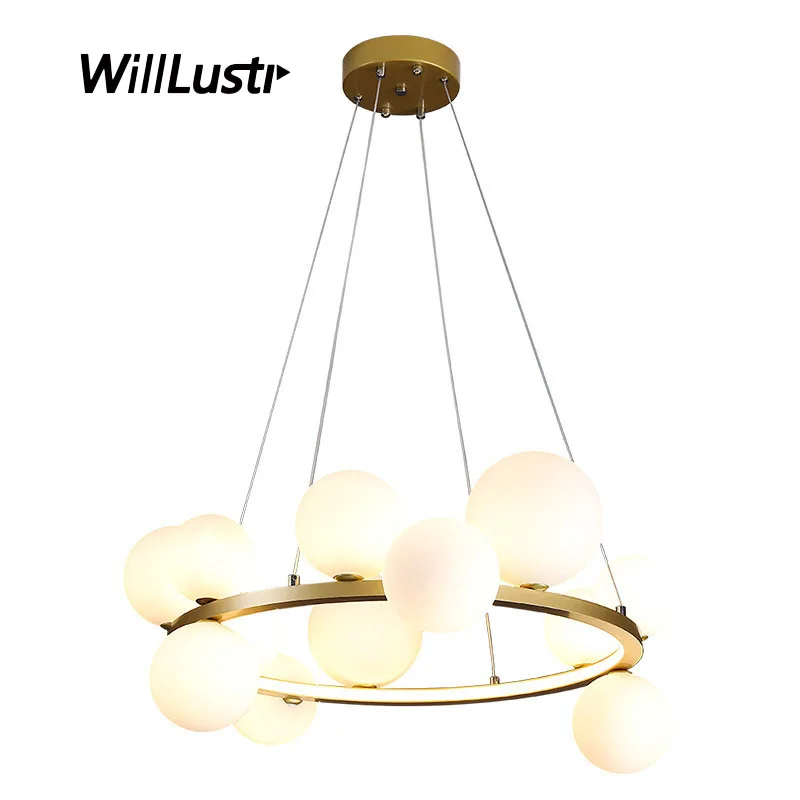 Modern Aluminum Ring Pendant Lamp Glass Bubble Ball Suspension Light Hotel Hall Living Dining Bedroom Hanging Ceiling Chandelier