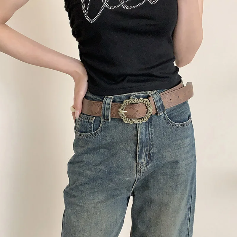 Vintage Embossed Hot Girl Brown Belt, Bohemian Women's Waist Belt for Dresses