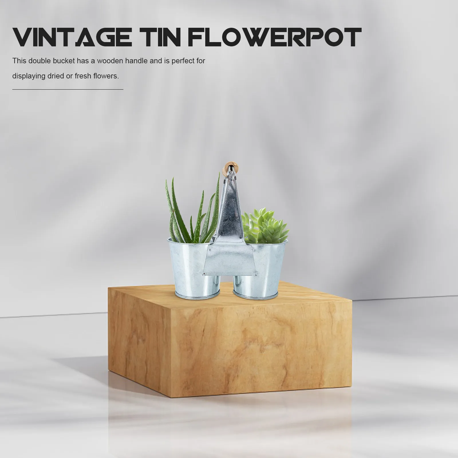 Twin Bucket Iron Flower Pot Metal Double Compartment Wood Handle Rustic Plant Container Succulent Flower Arrangement Bucket
