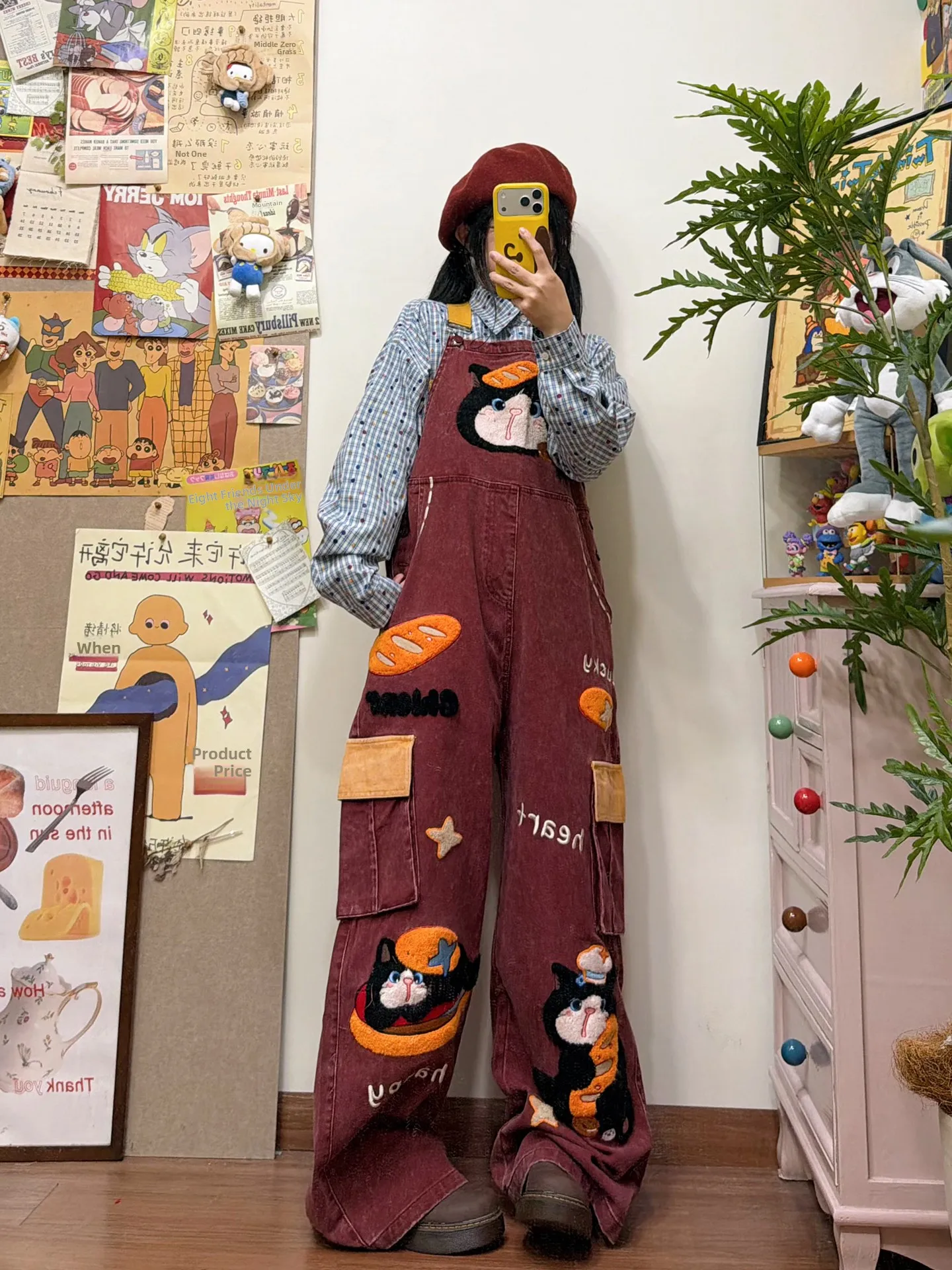 BIBULU American Retro Cartoon  Embroidery Overalls Women's High Waist Slim Straight Casual One-Piece Pants Cotton Material
