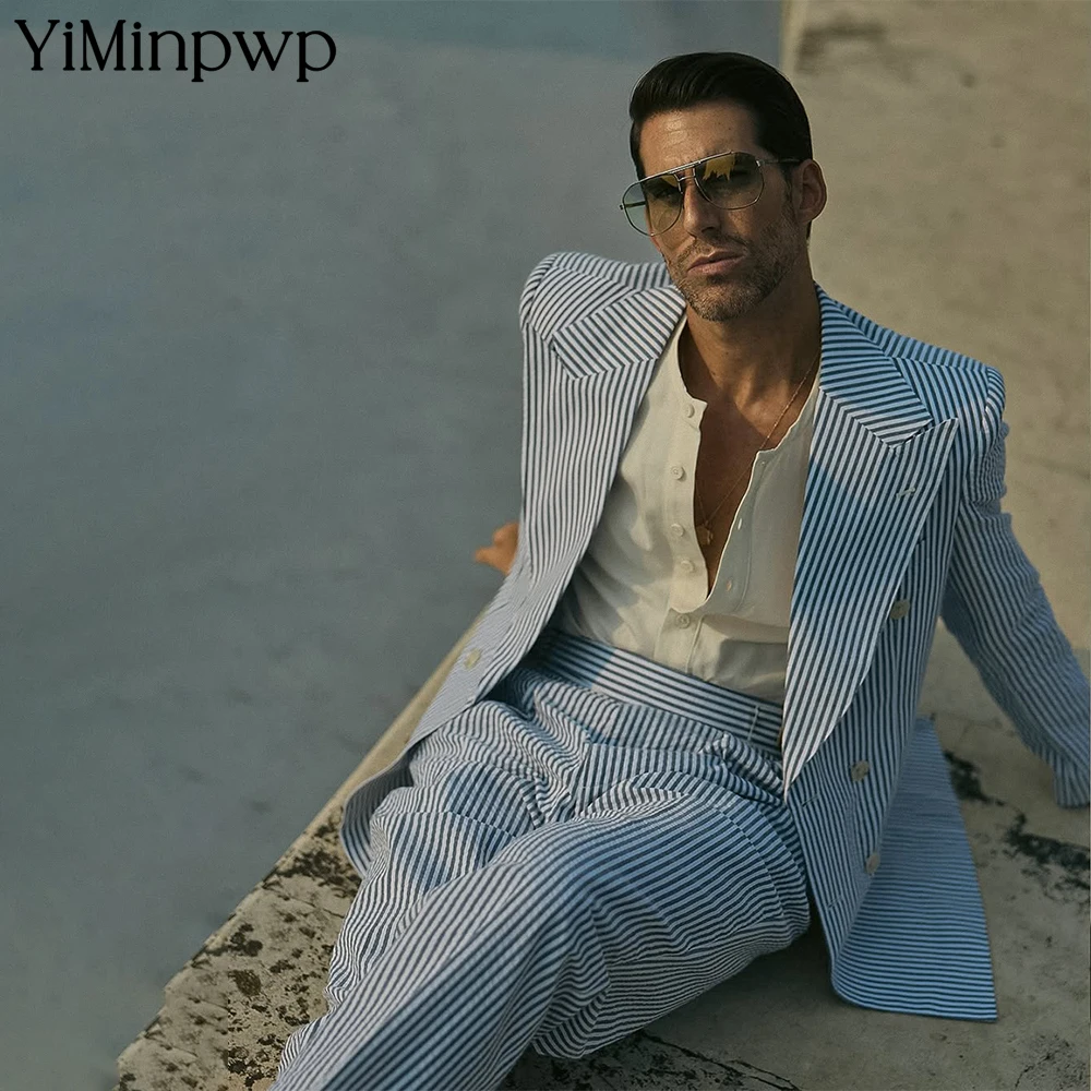

YiMinpwp Blue White Pinstripe Men's Suit Wool Blend Casual Business Oversized 2 Pieces (Jacket + Pants) for Groom Wedding XS-5XL