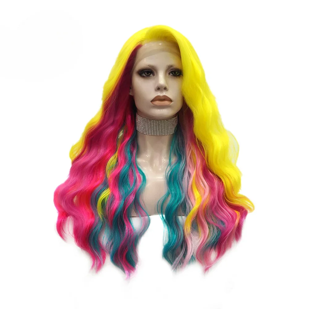 

Celebrity multi-color rainbow neon wig ins style long wave lace front wig pre-plucked natural hairline heat resistant wig