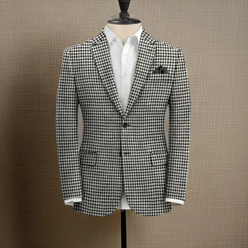 Plaid Business Suit Jacket for Men 1 Piece Notch Lapel Houndstooth Male Blazer 2024 Slim Fit American Style Wedding Suit