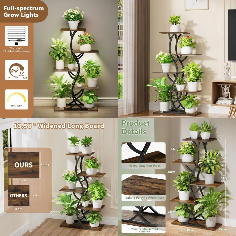 

Подставка для растений для дома с фитолампами - высота 112 см, 5-ярусная металлическая подставка для комнатных растений, изогнутая нижняя секция для поддержки растений