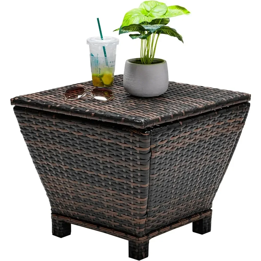 Outdoor Side Table, Rattan Coffee Table with Storage 13 Gallon Patio Small Deck Storage Box for Cushion Towel Books