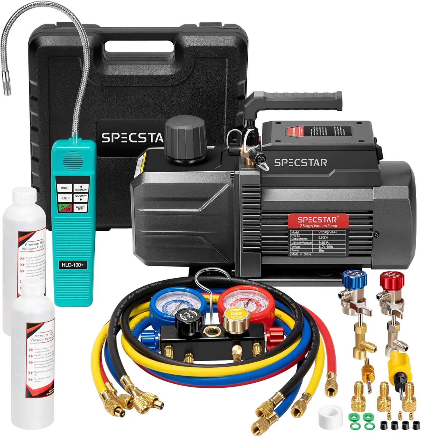 

SPECSTAR 110V 1 HP 9.6CFM Dual Stage HVAC Vacuum Pump and 4 Way AC Manifold Gauge Set Kit with Leak Detector 5ft Hoses for R134a