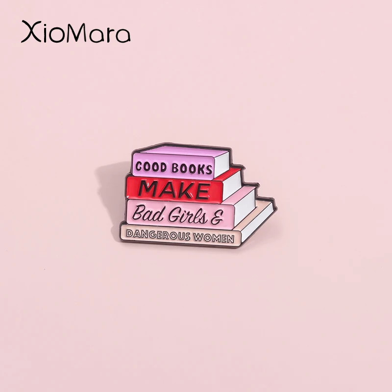 Feminist Pink Books Enamel Pins Custom Good Books Texts Brooches Lapel Badges Cartoon Funny Jewelry Gift For Danerous Women