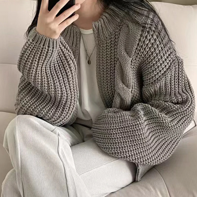 

Chic Autumn Winter round Ne Zipper Knitted Long Sve Loose Sweater Coat Lazy Sle Design All Match Outerwear