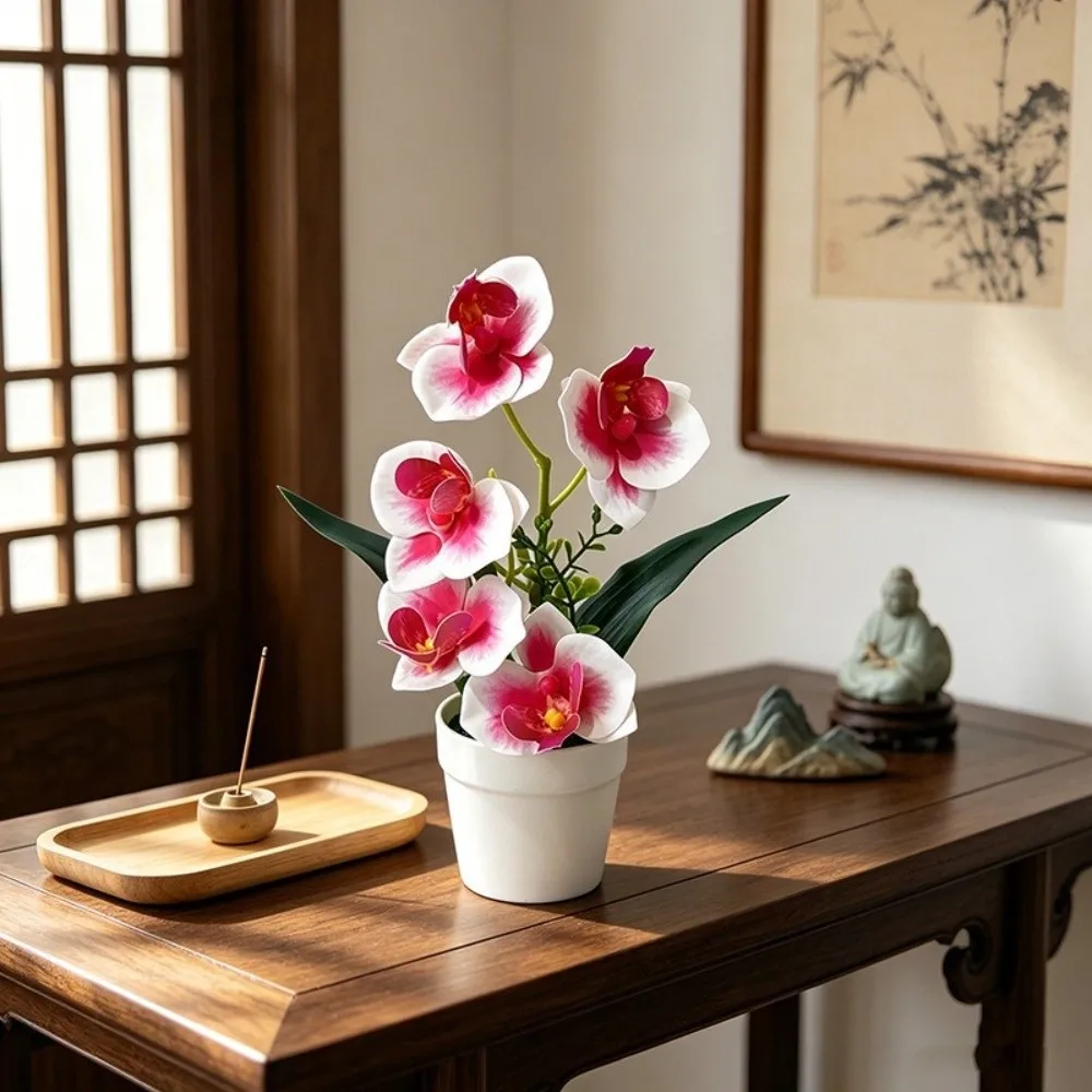5 Blooms Artificial Orchid Arrangement Indoor Realistic Potted Flower Display White Pot Compact Phalaenopsis Orchid Decor