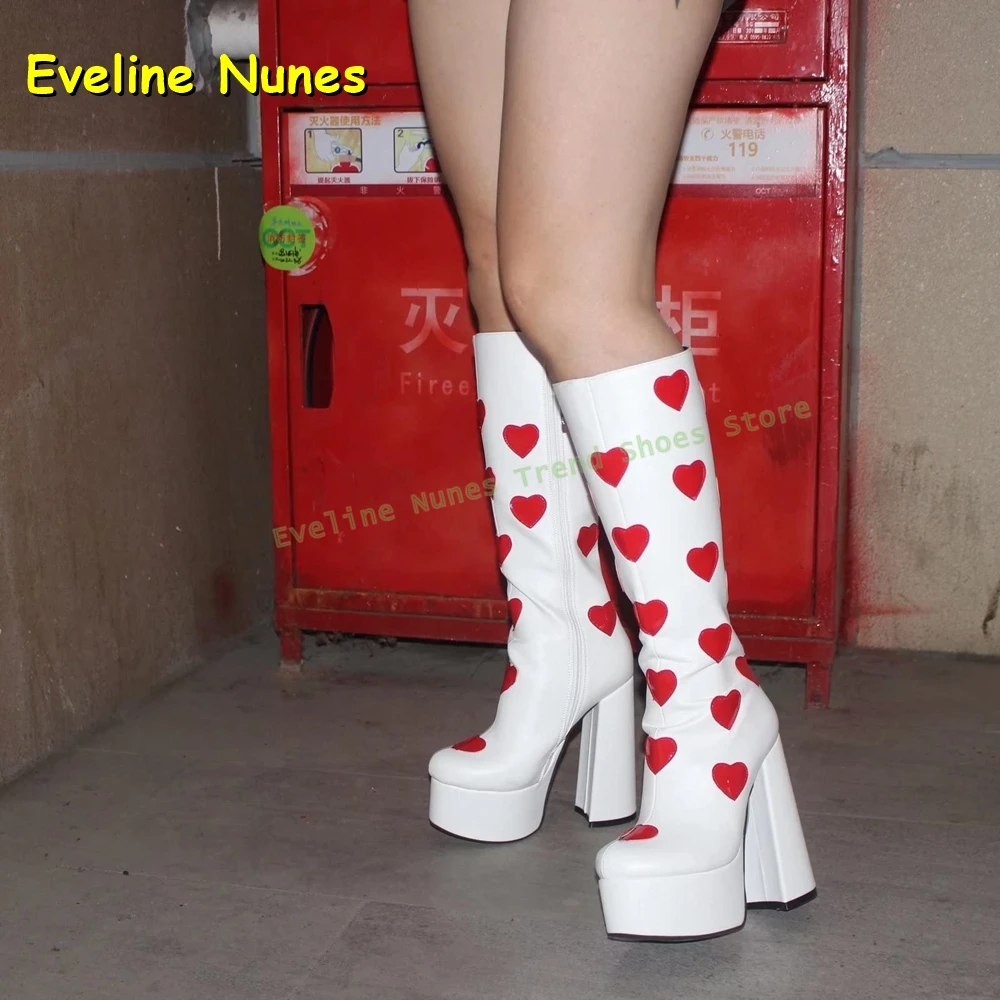 Red Heart Print Platform Fashion Boots Round Toe Height Increase Zipper Closure Women Knee High Boots Street Style 2025 Trend