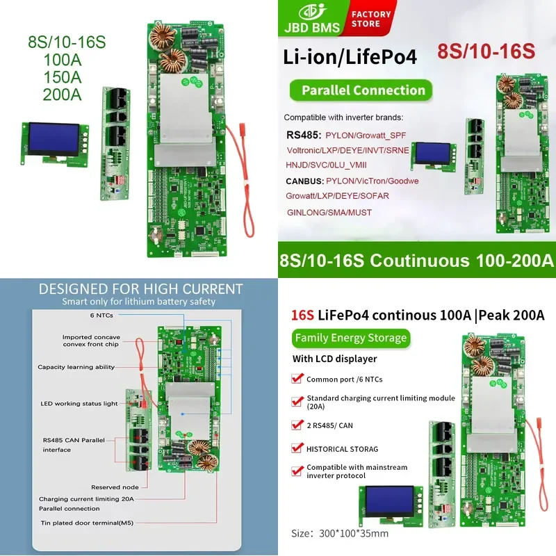 JBD Smart BMS Li ion Lifepo4 16S 48V 100A 150A 200A Family Energy Storage Inverter Bms Support Parallel For Lithium Battery