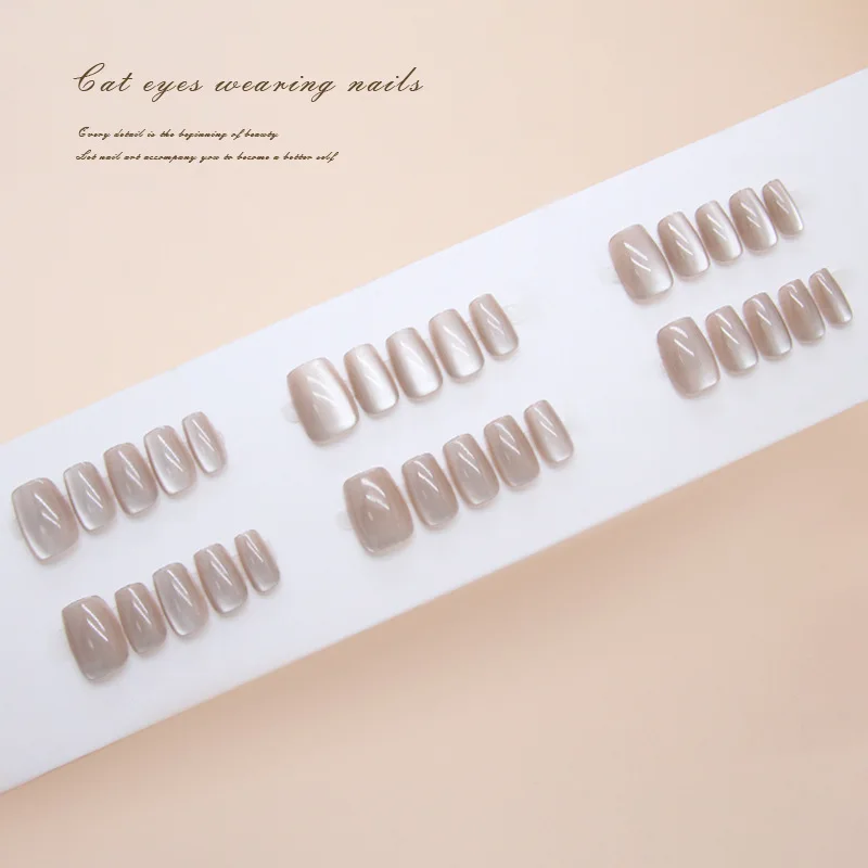 

24pcs Cat Eye Nail Acrylic Press Ons with Sticky Tabs Coffee Fashion Beautiful false Nails Woman Holiday Nail Tips Paste Nails