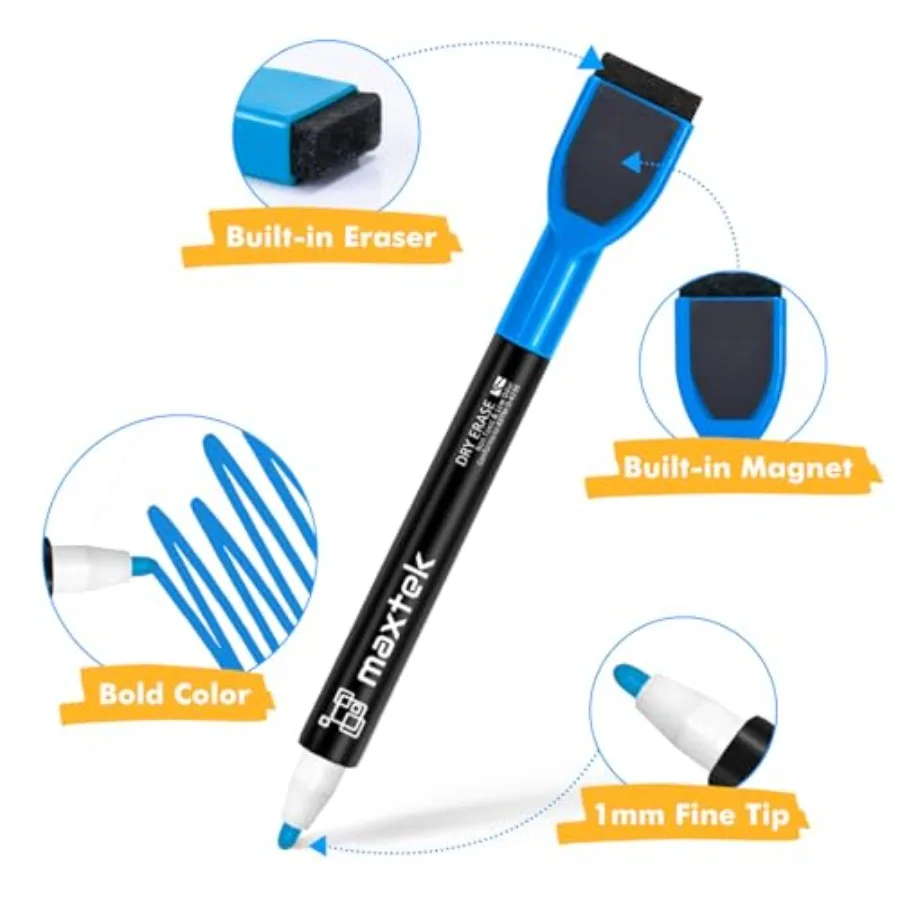 Dry Erase Markers - 6 Count Colorful Magnetic Dry Erase Markers Fine Tip with Eraser, Low Odor Whiteboard Markers for Calendar