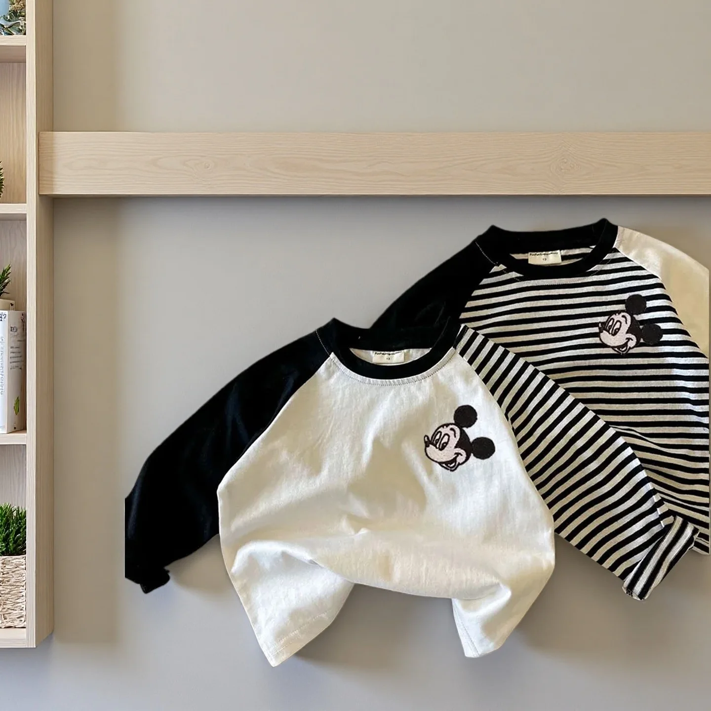 

Children Cotton Long Sleeved T-shirt – Spring Autumn Wear for Toddler Boys & Girls, Mickey Cartoon , Color Blocking Stripes