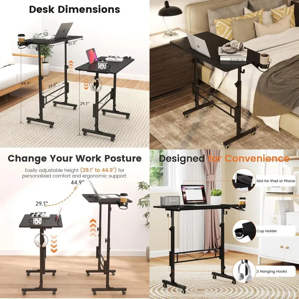 

Compact Adjustable Height Stand-Up Desk with Wheels, Portable Laptop Stand for Flexible Workspace, Black