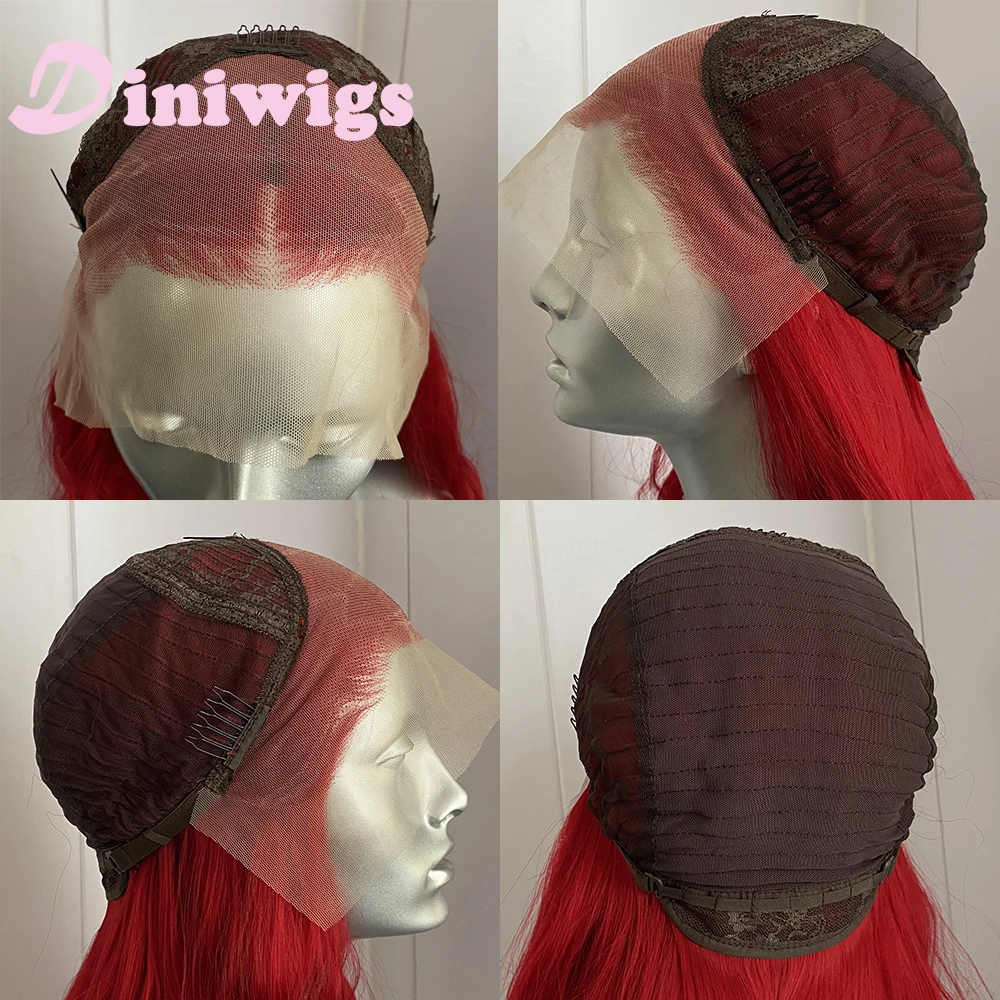 Diniwigs الأحمر الدانتيل شعر مستعار أمامي طويل الجسم موجة الاصطناعية الدانتيل الباروكة شعري طبيعي الاستخدام اليومي تأثيري الباروكات للنساء مقاومة للحرارة